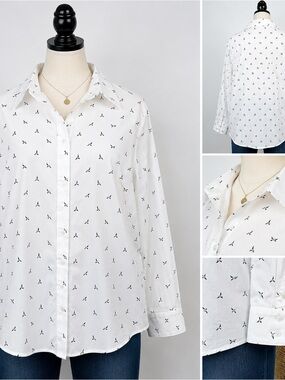 Liz Claiborne Career Woman 2X White Bird Print Stretch Button Down Shirt
